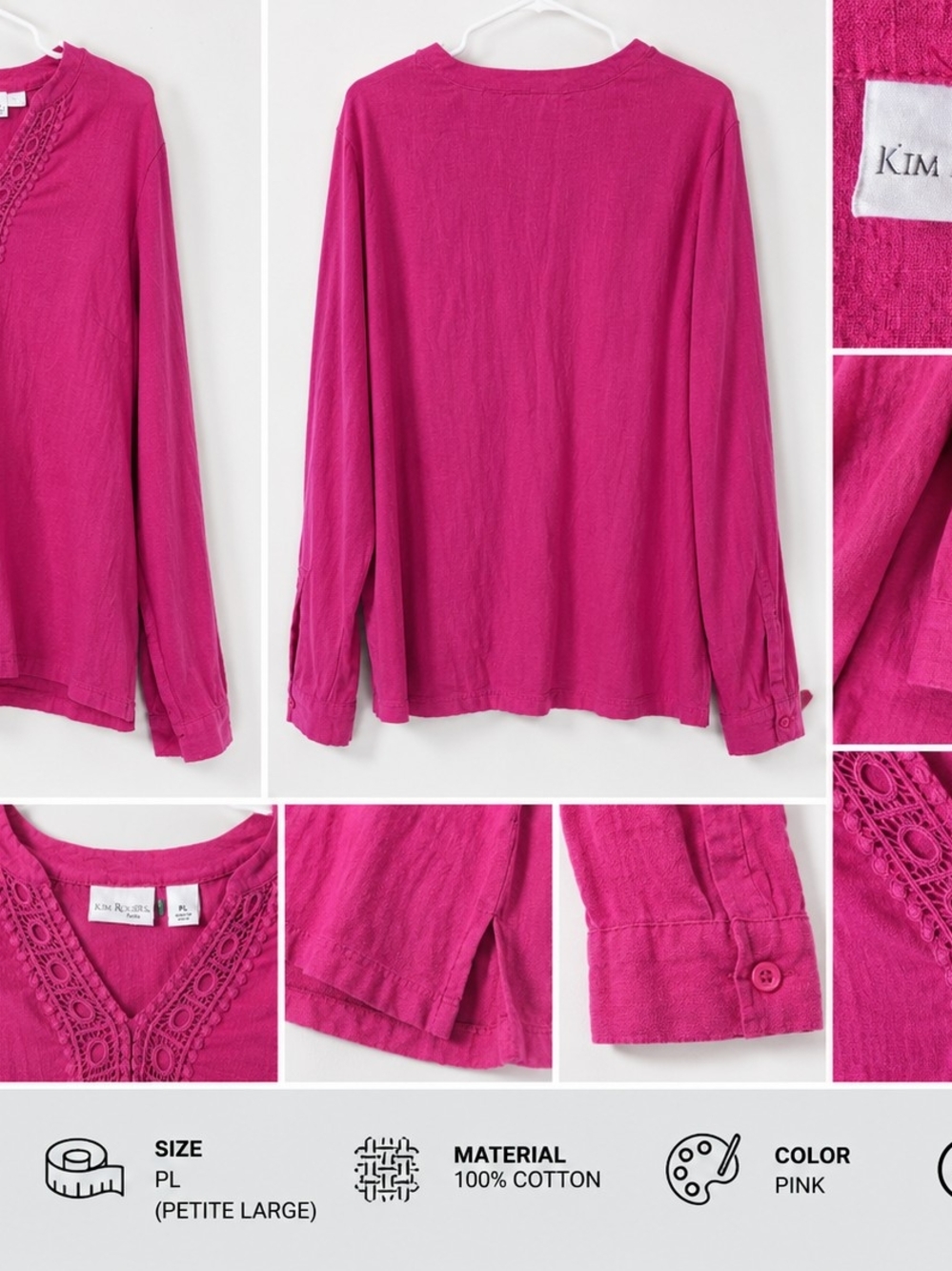 Kim Rogers Fuchsia Lace-Trim Long Sleeve Cotton Top